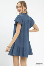 Washed denim ruffle dress back view with cap sleeves and tiered back yoke
