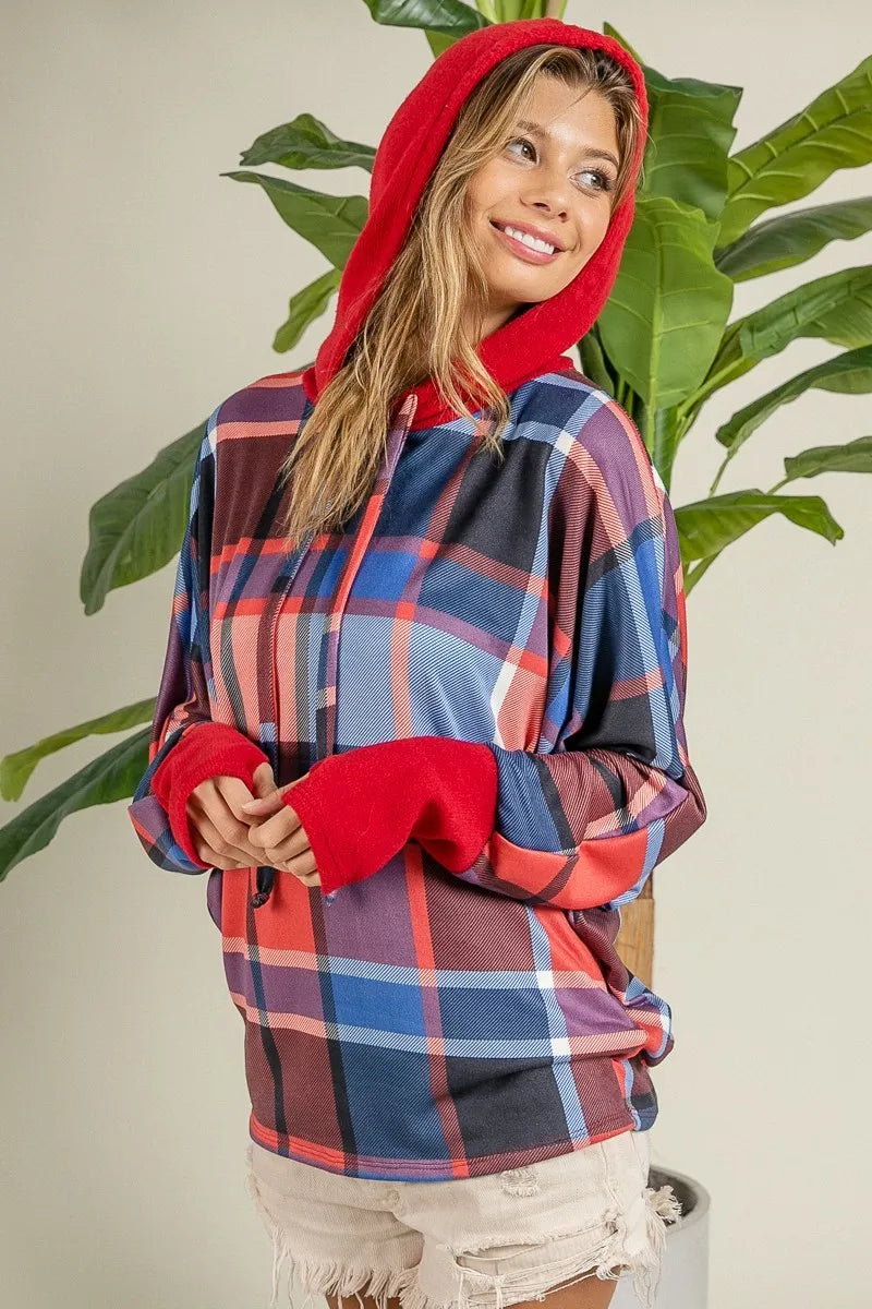 Plaid Brushed Rib Contrast Thumb Open Hoodie – Cozy Casual Layer