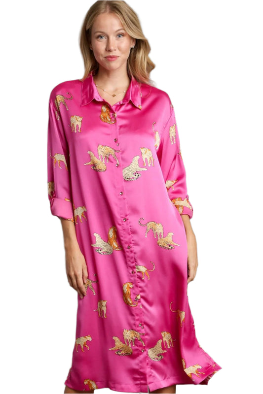 Umgee Animal Print Button Down Midi Shirt Dress