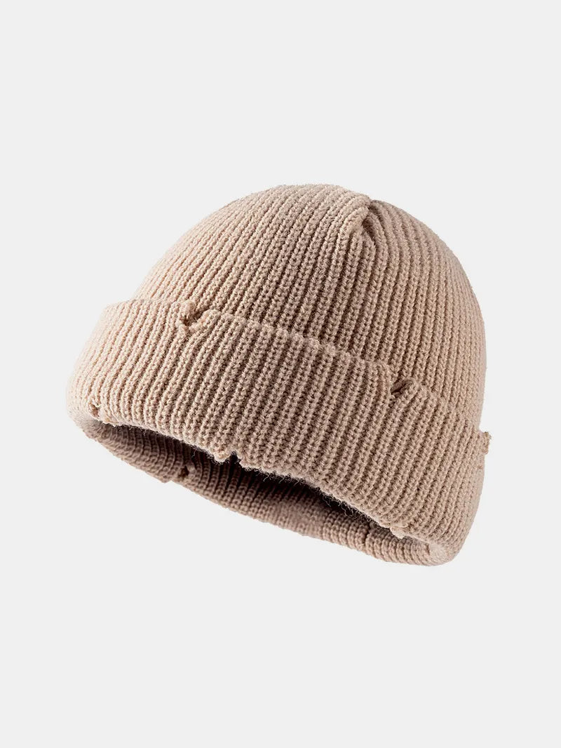 Distressed Cuffed Knit Hat – Edgy Cozy Winter Beanie