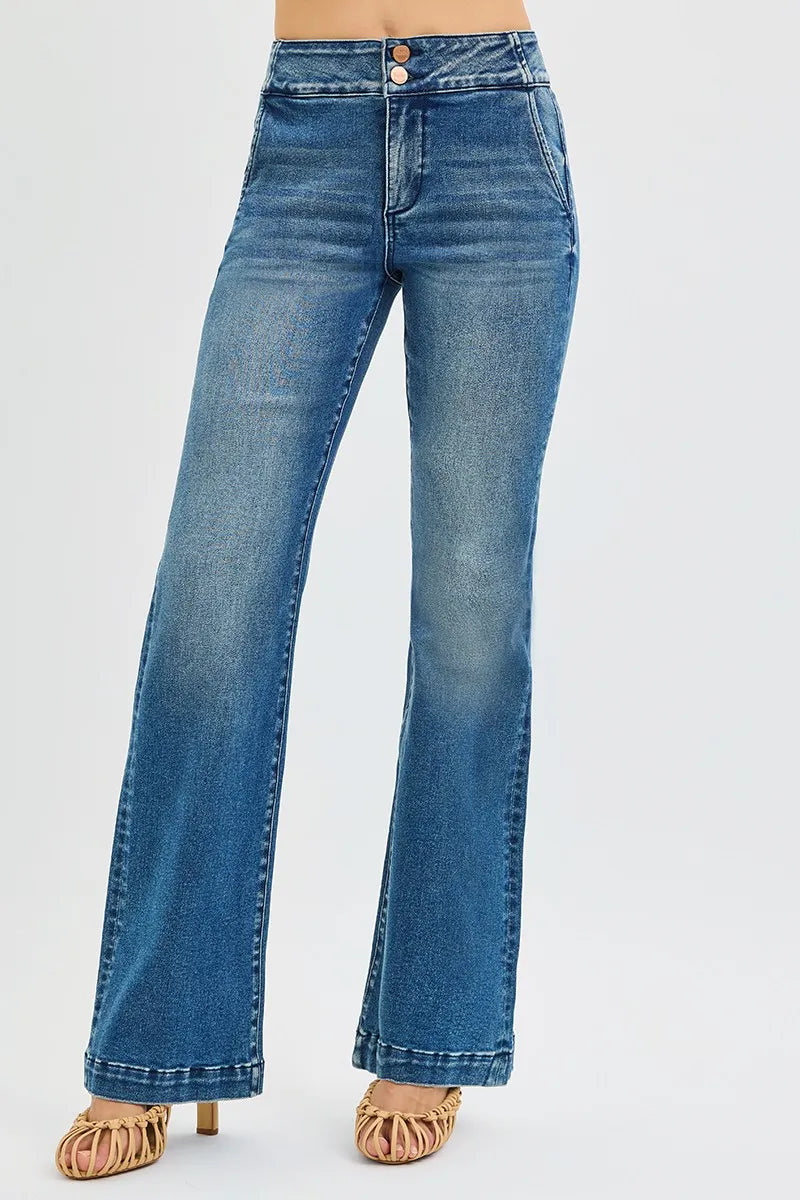 Tummy Control High Rise Bootcut Jeans – Slimming Double Button Fit