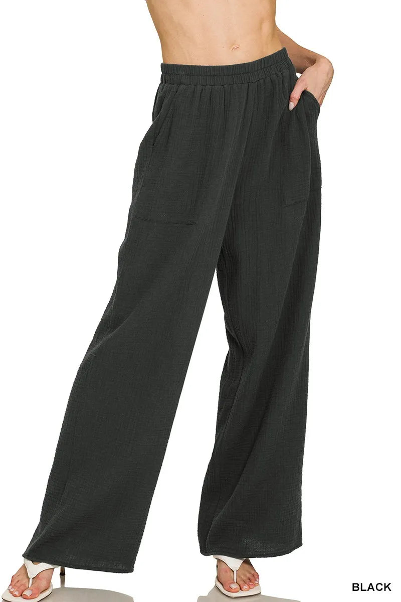 Zenana Double Gauze Elastic Waist Pants – Lightweight & Effortless Style