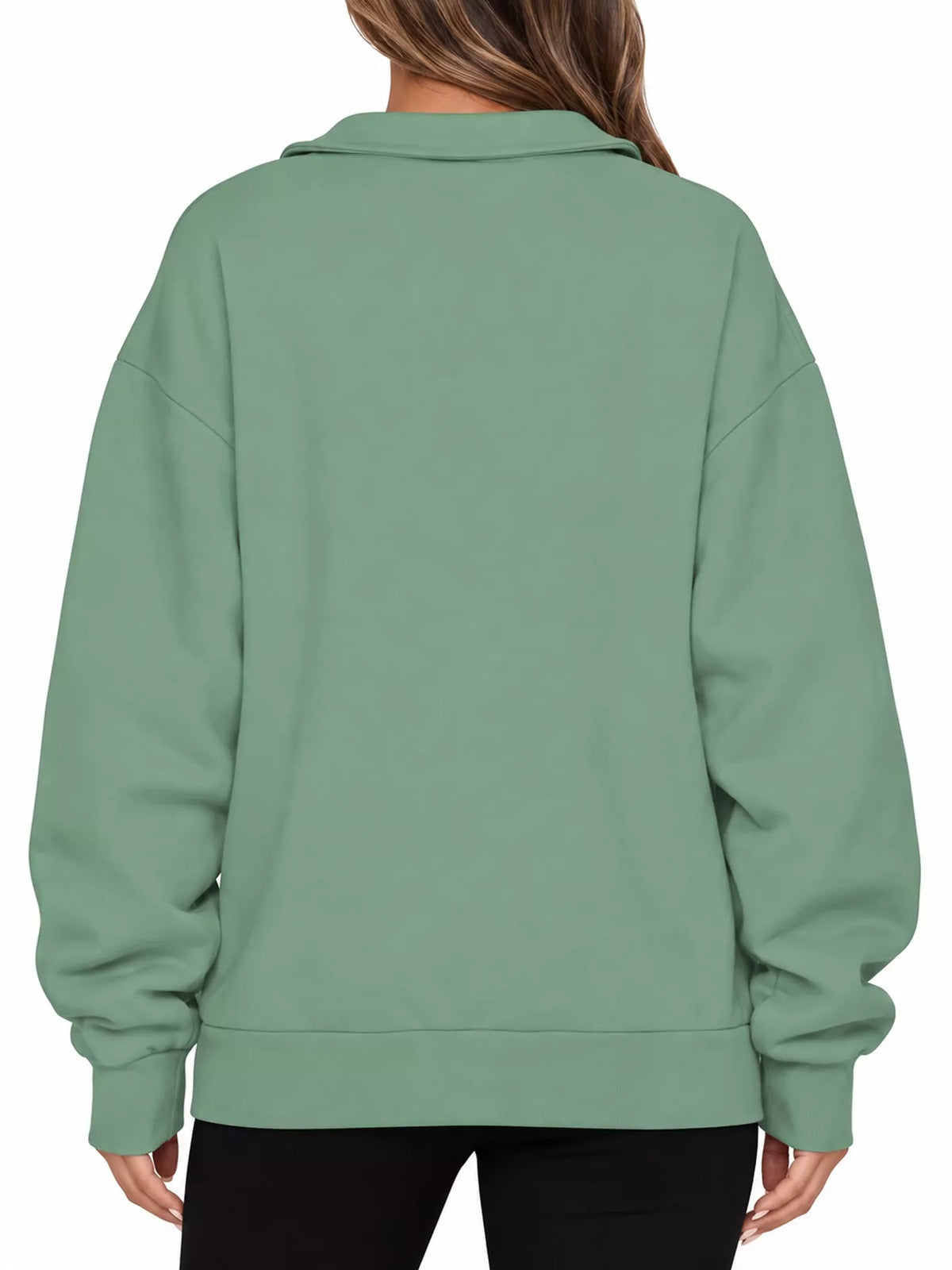 Light green oversized zip-neck sweatshirt back view with ribbed hem and cuffs