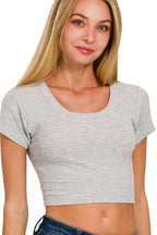 Heather Gray Ribbed Crop Top – Scoop Neck, Cap Sleeves & Stretch Fit