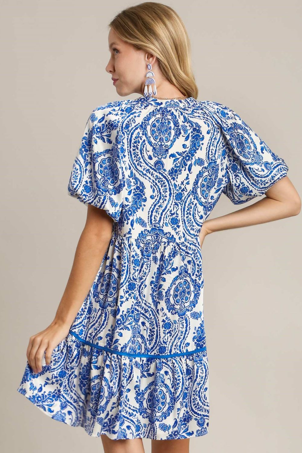 Umgee Printed Notched Puff Sleeve Mini Dress