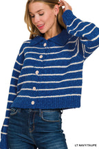 Cropped striped button-down cardigan, navy and taupe with button placket