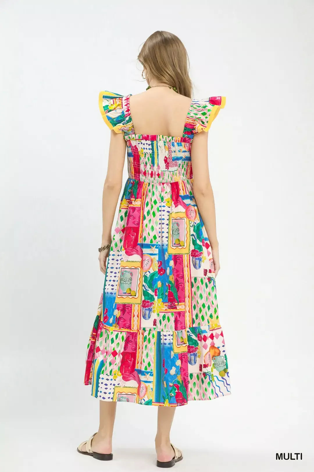 Multi-color abstract print tiered midi dress, smocked back and ruffled shoulders