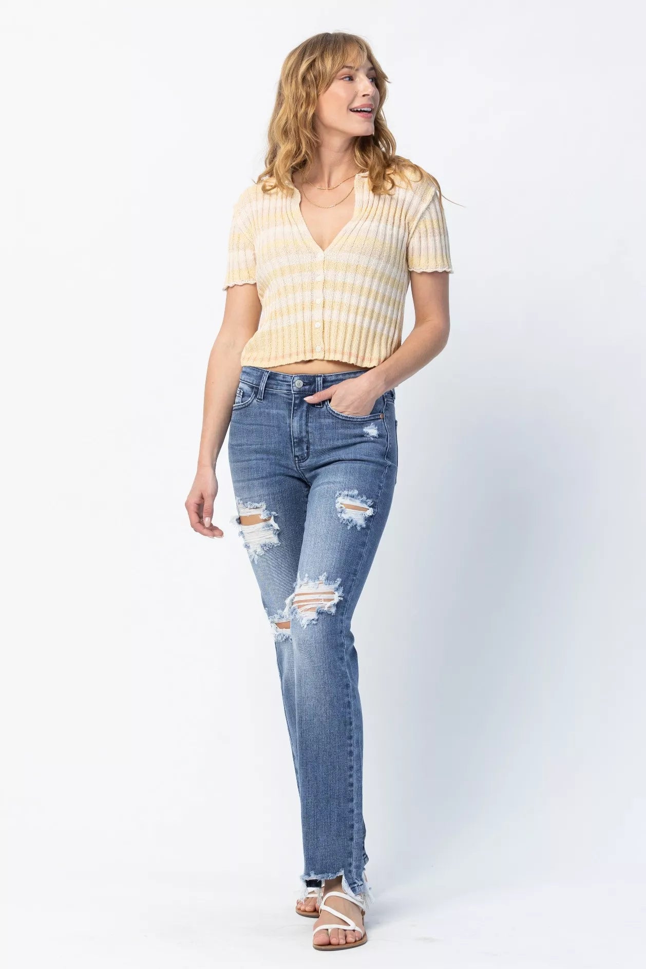 Judy Blue Mid Rise Destroy Straight Jeans – Trendy Distressed Style