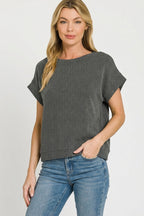 Charcoal striped raised rib cap-sleeve top with wide crew neckline
