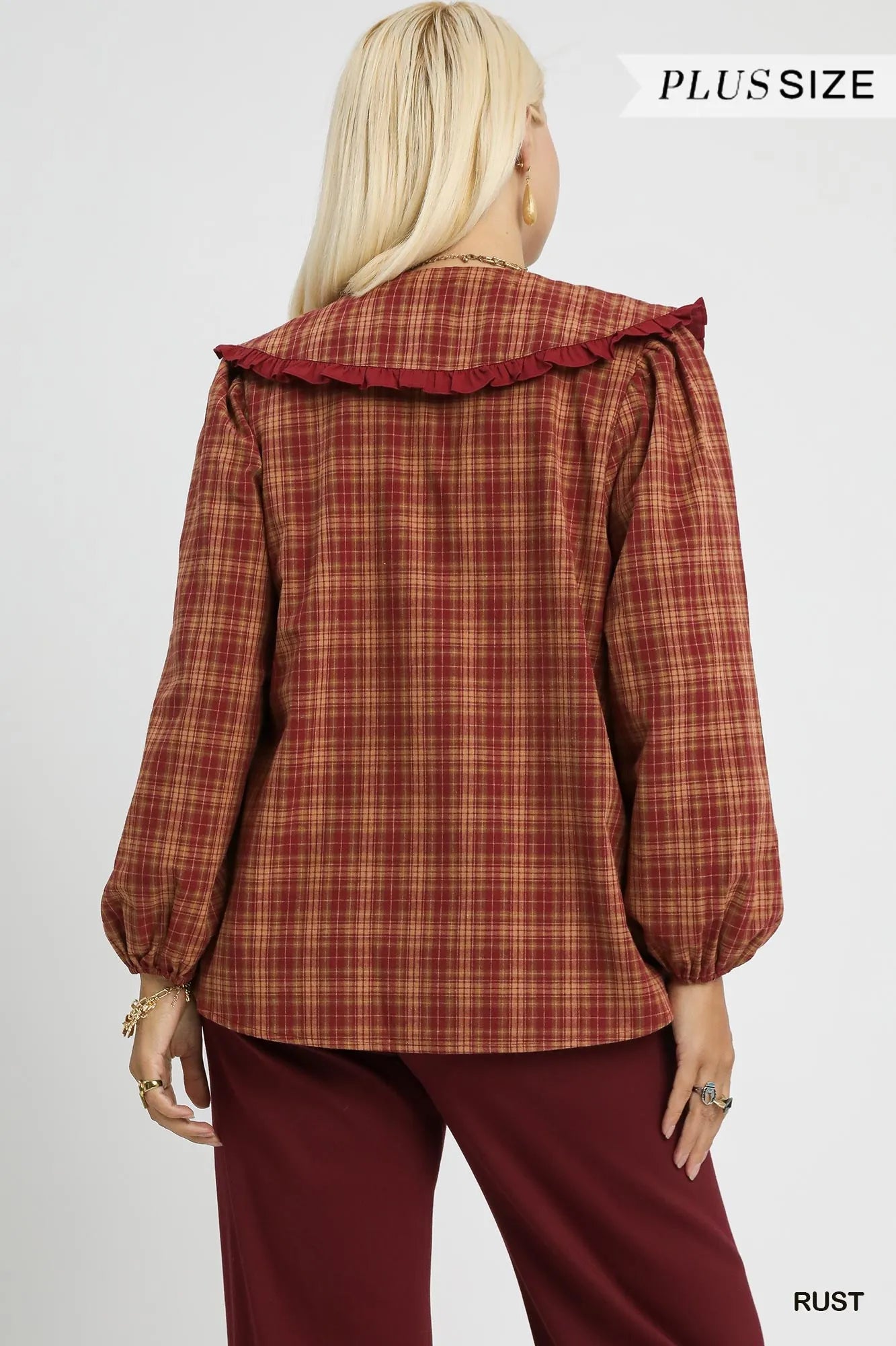 Rust Plaid Ruffle Collar Plus Blouse Vintage Women’s Fall Winter Top