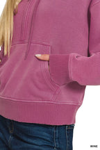 Women’s wine fleece half-zip hoodie with kangaroo pocket and ribbed cuffs