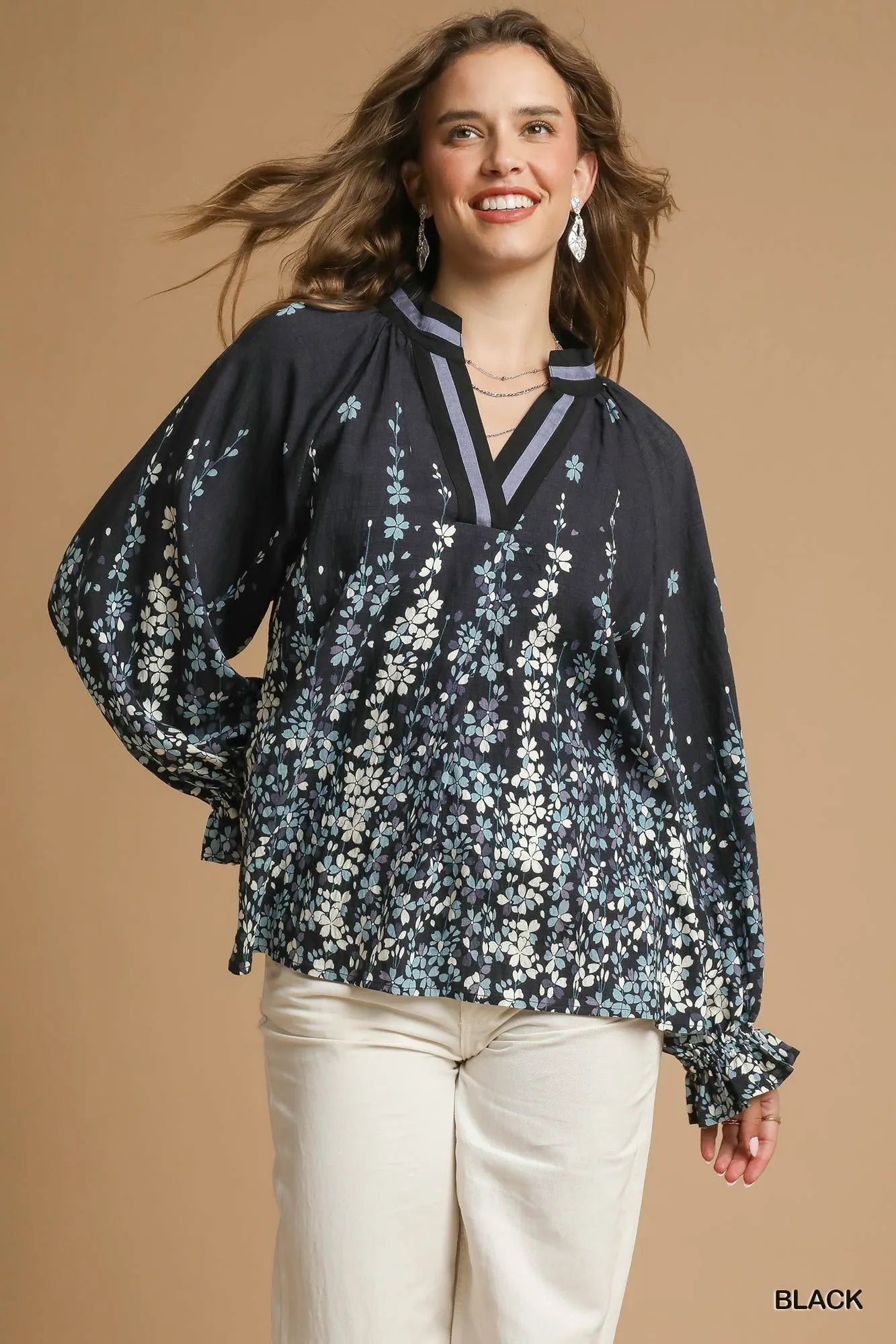 Floral Vine Print Blouse – Elegant Balloon Sleeve Feminine Top