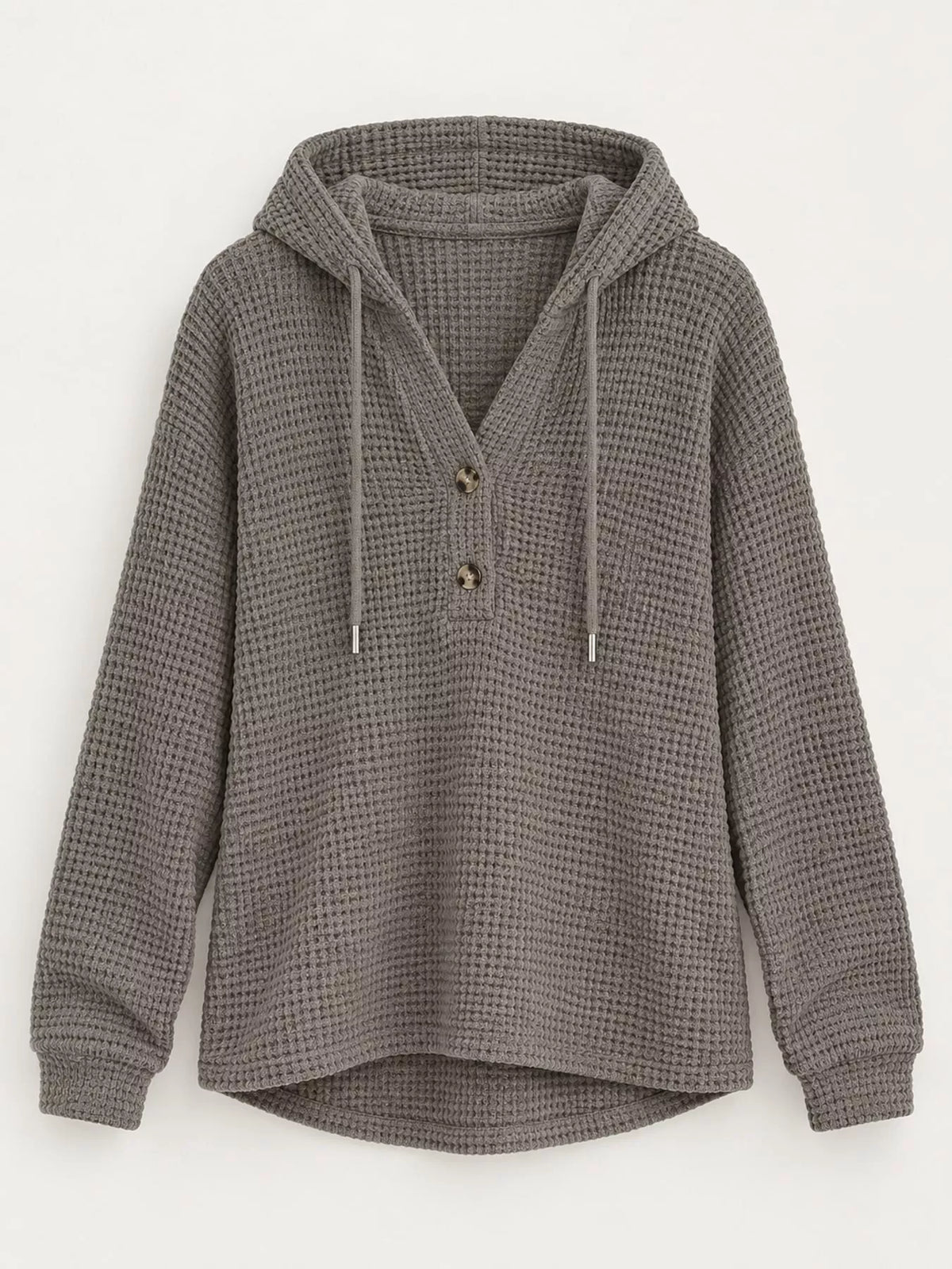 Gray waffle-knit button hoodie with hood, gold buttons, and drawstring ties.