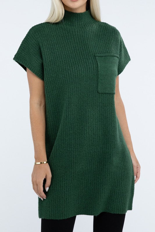 Zenana Mock Neck Short Sleeve Sweater Dress with Pocket