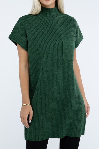 Zenana Mock Neck Short Sleeve Sweater Dress with Pocket