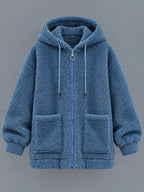 Blue fleece zip-up hoodie front view with hood, zipper, and two pockets
