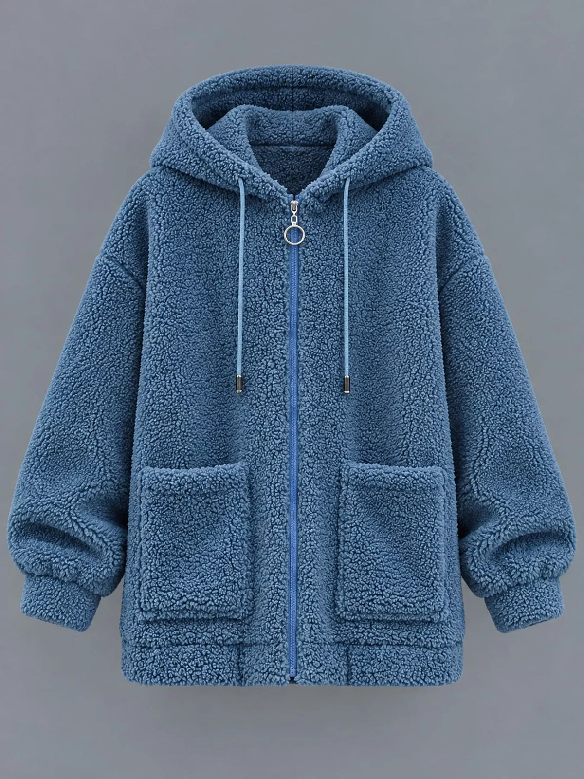 Blue fleece zip-up hoodie front view with hood, zipper, and two pockets