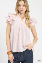 Pink textured blouse with ruffled sleeves and button-front V neckline