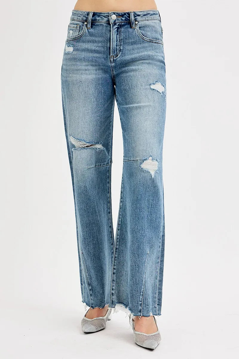 Dreamkue-Risen Women's Mid Rise Wide Baggy Leg Jeans Tie Washed Fit Denim