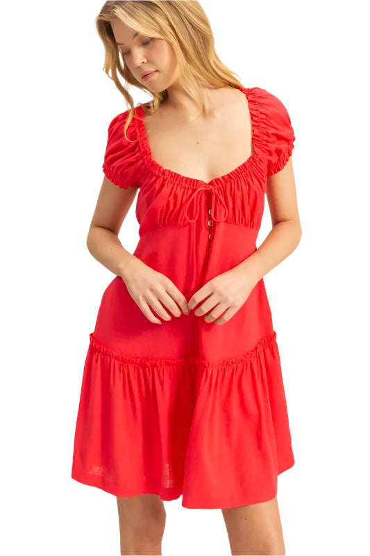 HYFVE Ruched Frill Tiered Short Sleeve Mini Dress