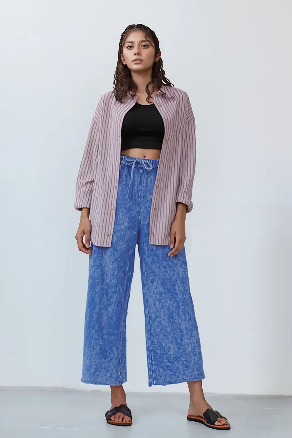 Washed French Terry Palazzo Pants – Relaxed Fit with Pockets