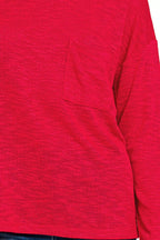 Zenana Classic Red Long Sleeve T-Shirt with Chest Pocket – Soft, Casual & Versatile