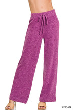 Women’s plum wide-leg hacci pants with elastic waistband and drawstring, full length