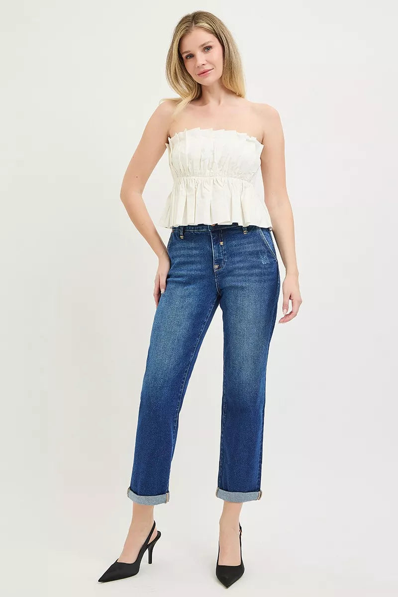 Cropped blue boyfriend jeans with cuffed hem and straight leg fit