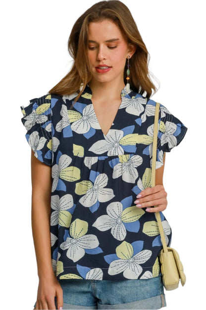 Umgee Floral Print Ruffled Cap Sleeve Babydoll Blouse