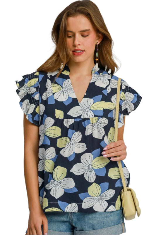 Umgee Floral Print Ruffled Cap Sleeve Babydoll Blouse