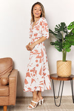 Printed Surplice Midi Dress – Balloon Sleeves & Elegant Flattering Fit