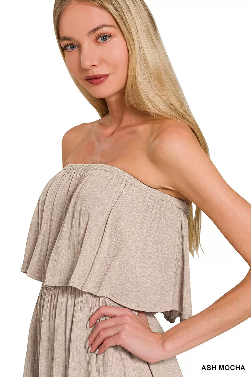 Strapless ash mocha crinkle maxi dress with layered ruffle bodice and gathered neckline