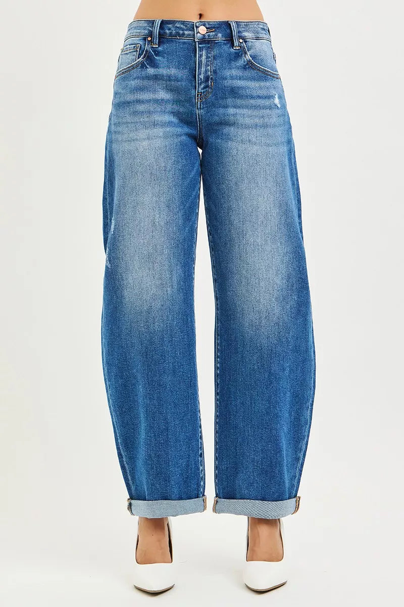 Dark wash mid-rise barrel jeans front view with double roll cuffs