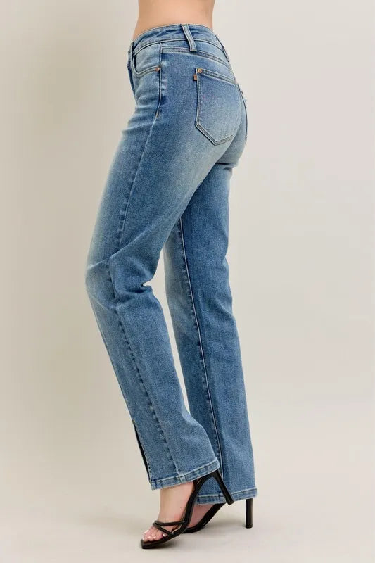 Women's high-waist straight jeans, blue denim with front leg slit and back yoke seam