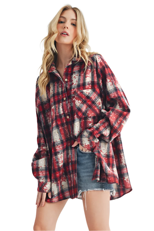 Aemi + Co Washed Plaid Button Up Raglan Sleeve Flannel Shirt