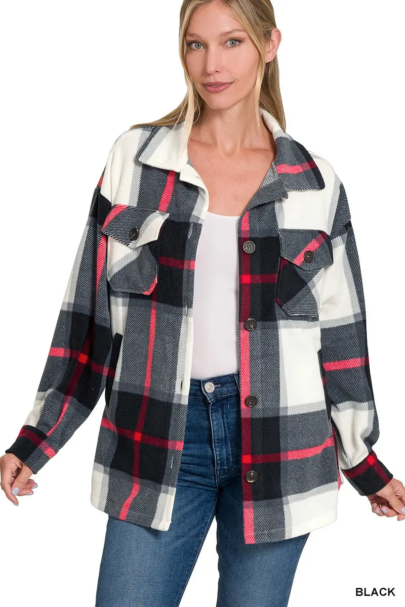Oversized Plaid Flannel Shacket – Black, White & Red Casual Layer