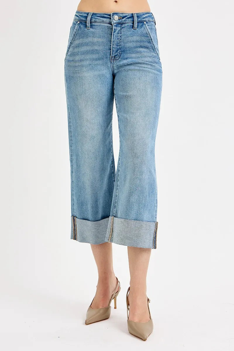 Dreamkue-Risen Women's High Rise Tummy Control Ankle Jeans with Wide Cuffed Hem