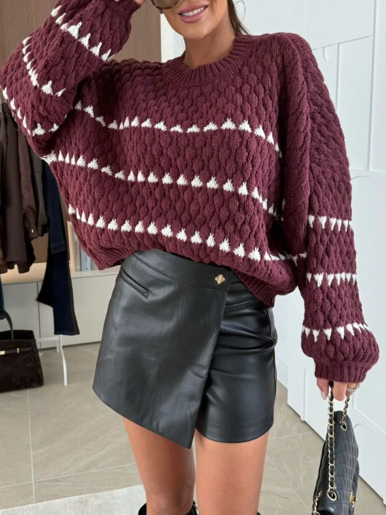 Chunky Knit Striped Sweater with Balloon Sleeves – Cozy Chic Style