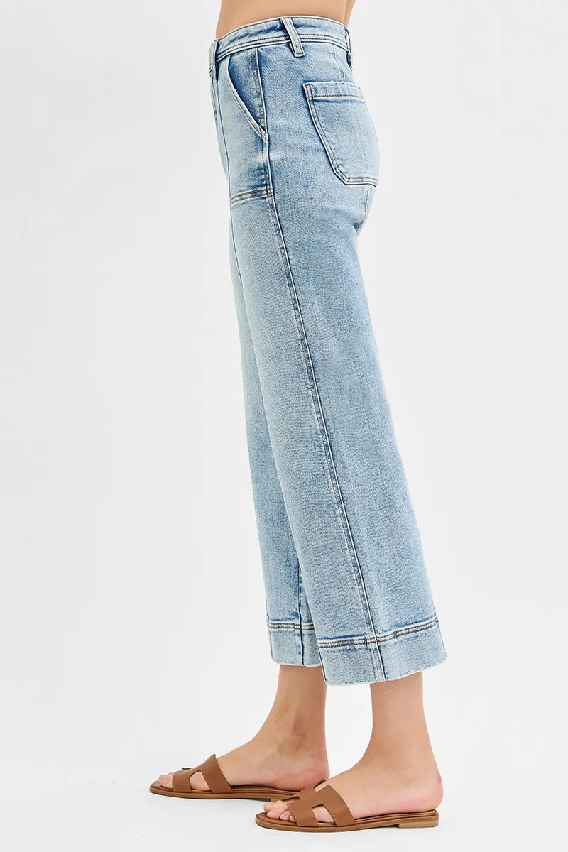 Light Wash Wide Leg Jeans – High Waist Contrast Stitch Cropped Fit