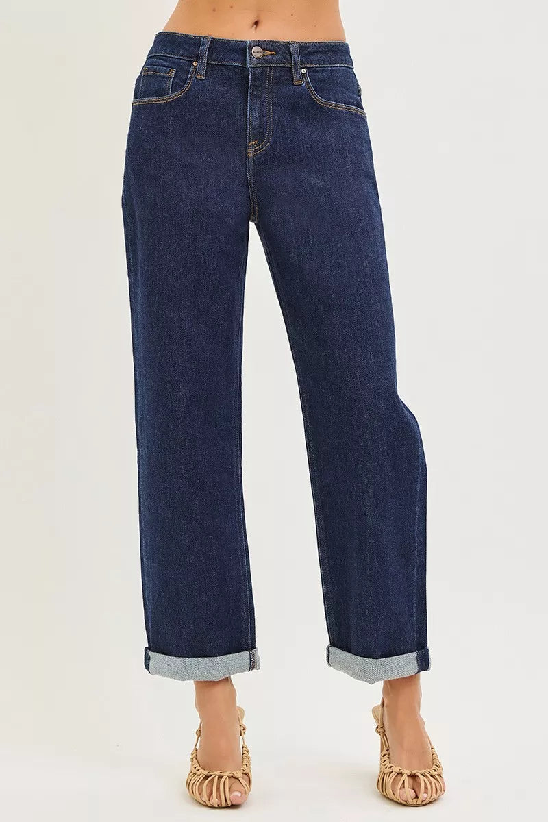 Dark blue cropped boyfriend jeans with cuffed hems and relaxed straight legs