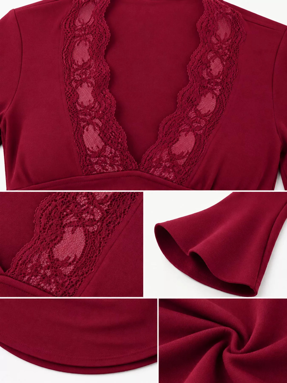 Red lace-trim V-neck long-sleeve tee detail: lace border and soft knit drape