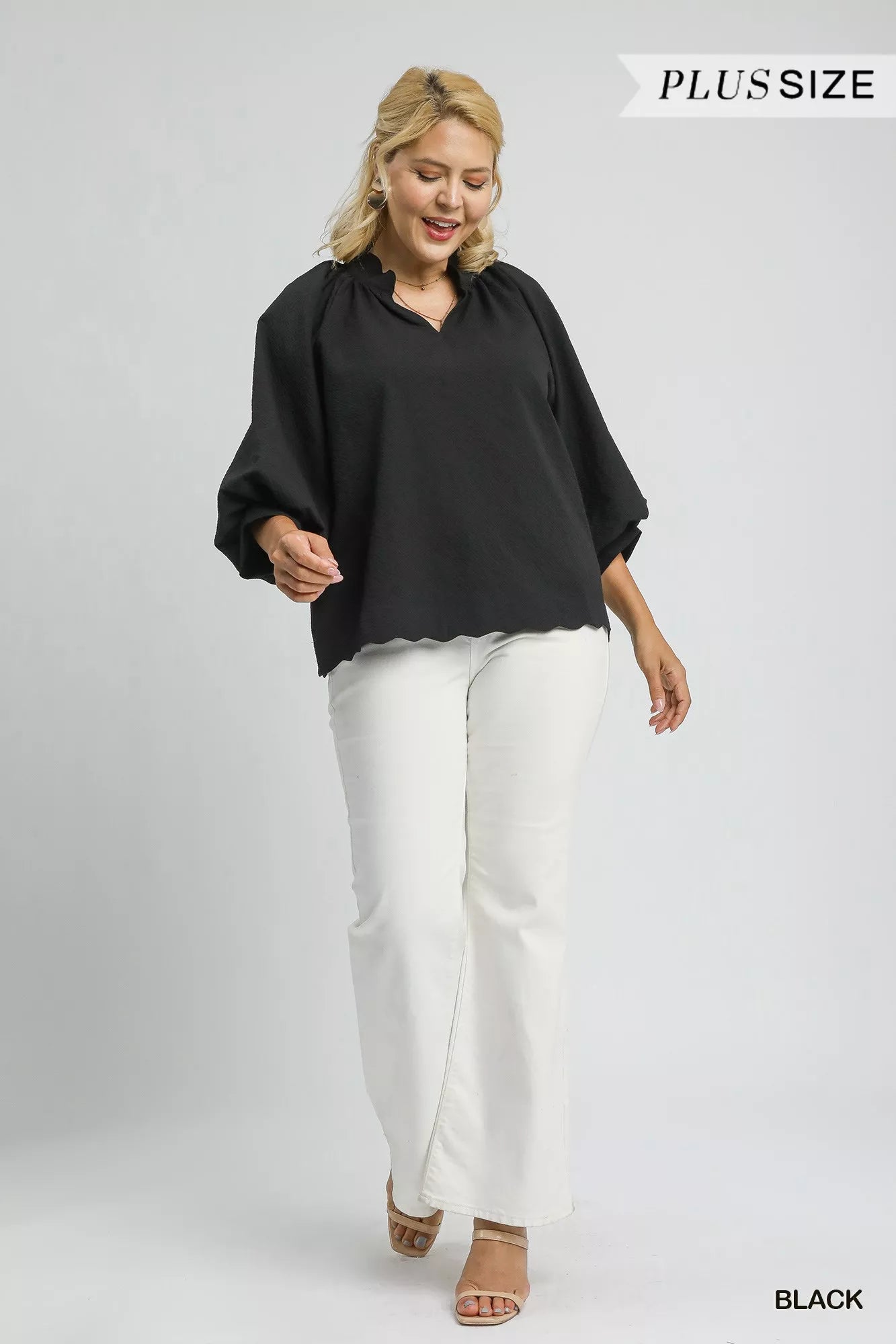 Umgee Textured Balloon Sleeve Blouse – Chic Notched Statement Top