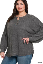 Ribbed Hacci Melange Henley Sweater – Cozy Button-Up Knit Top