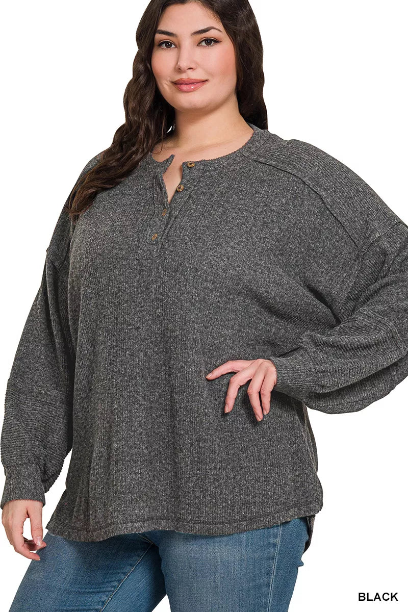 Ribbed Hacci Melange Henley Sweater – Cozy Button-Up Knit Top