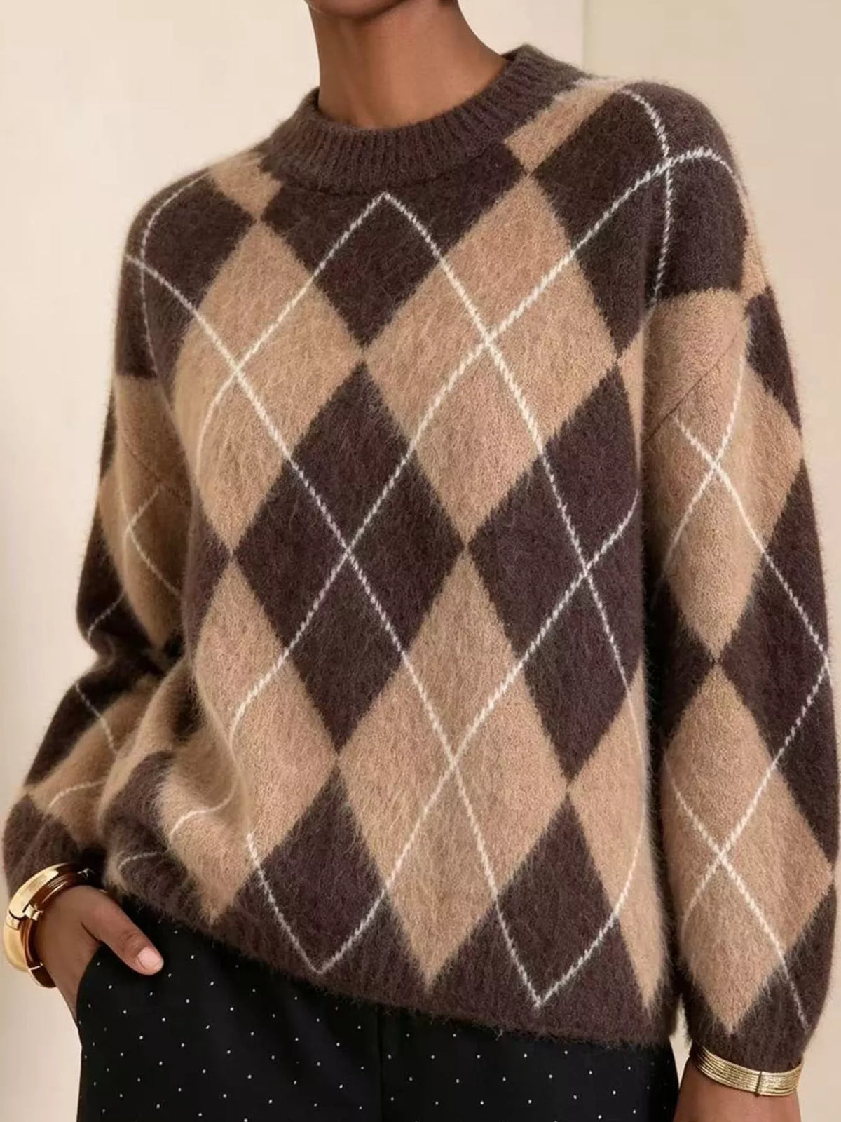 Fuzzy argyle knit sweater, beige and brown with white diamond lattice; long sleeves.