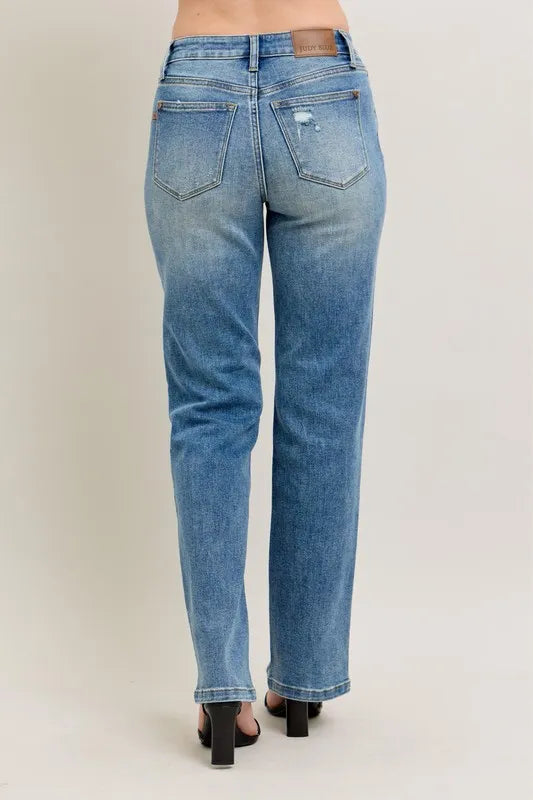 Women's high-waist straight jeans, blue vintage wash denim with two back pockets