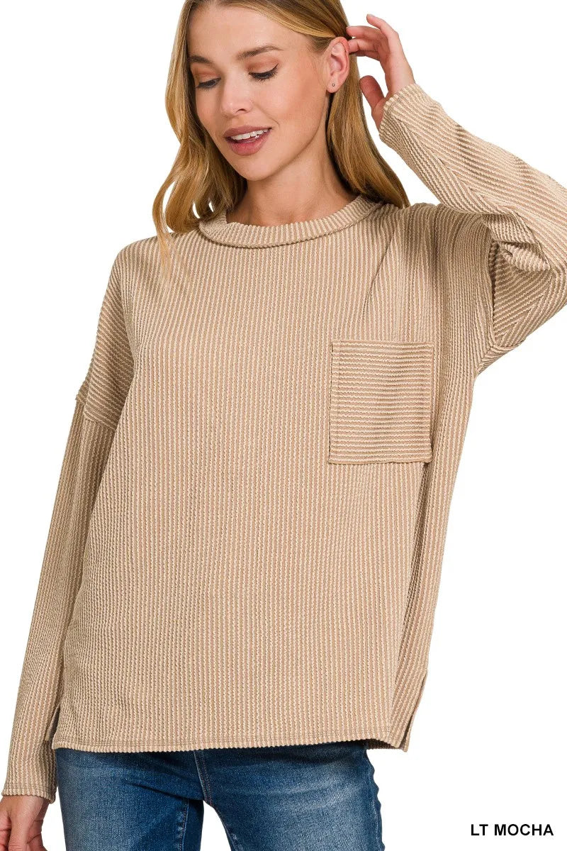 Long Sleeve Drop Shoulder Rib Top – Casual Chic Layering Shirt