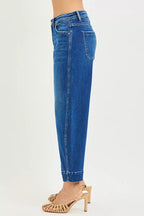 Plus size crop barrel jeans, side view, mid rise waist, five-pocket design, cuffed hem