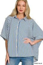 Women’s oversized striped button-down shirt in classic blue, short sleeves, button front