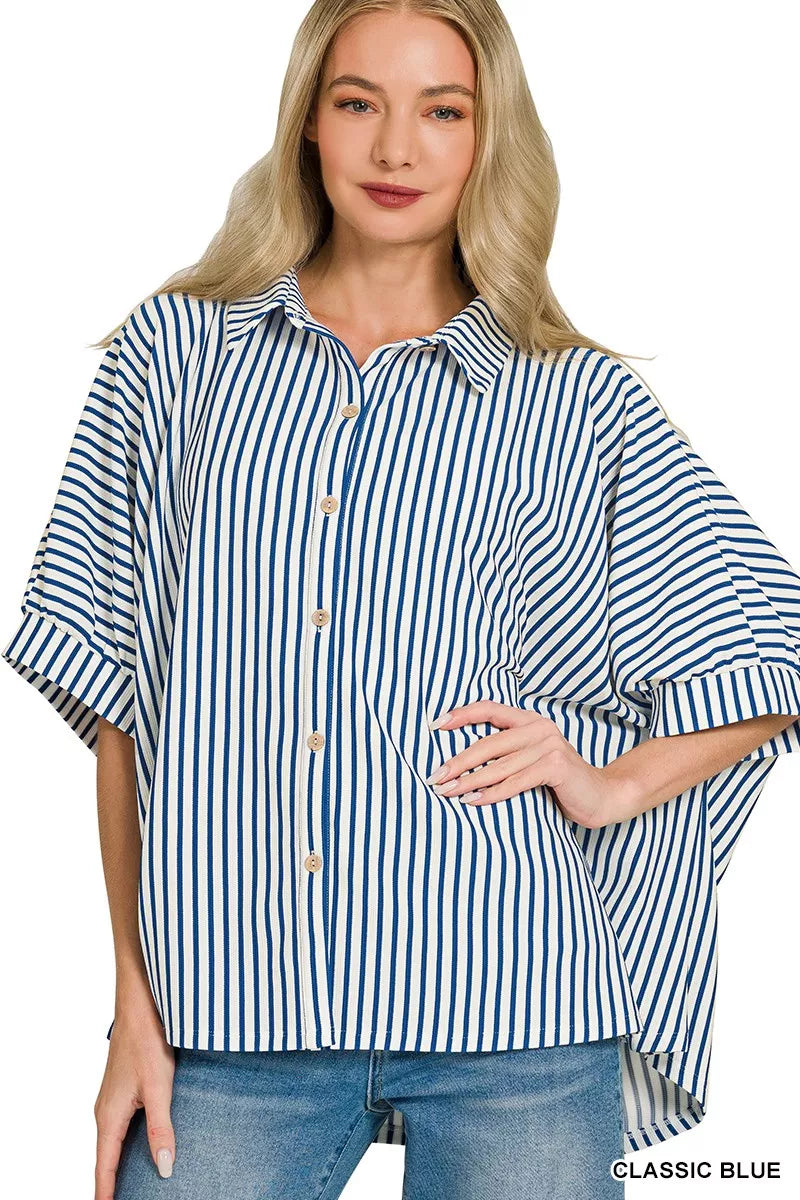 Women’s oversized striped button-down shirt in classic blue, short sleeves, button front